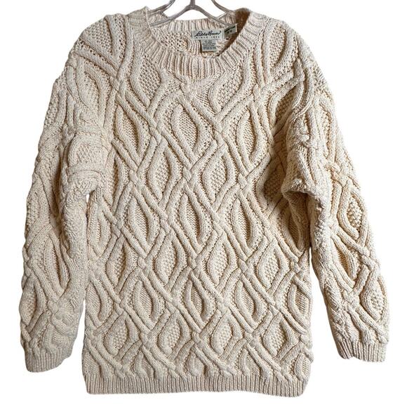 Vtg 90s Eddie Bauer Sweater Ivory 100% Cotton Cable Knit Fisherman Prep Women M - Picture 1 of 16